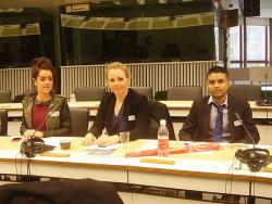 Belinda Bambrick (Law), Kateryna Vlada (Law) and Hans Seesarun (Business) listen to presentations by the Committee of the Regions and the Economic and Social Committee in the Delors building, Brussels.