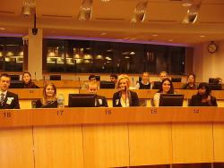 Students listen to presentations in the Delors building, Brussels, in a typical setting for meetings of the advisory committees of the European Union.