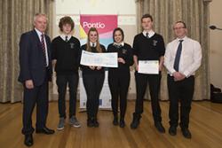 Holyhead Winners (left to right) John Hughes Vice-Chancellor, George Jones, Amber Martin, Nichola Young, Tommy Evans, James Goodman (Deputy Director Pontio). 