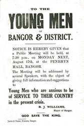 A poster advertising a recruitment meeting which took place in Bangor in August 1914.