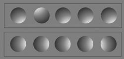 The oddball sphere should pop out from among the others in the top line, but is much more difficult to see in the bottom line (it is the final circle in the sequence).