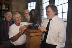 left-right:   Mel Williams, Cymdeithas Bob Owen, Owain Tudur,  son of Bob Owen, who unveiled the bust, sculptor, John Meirion Morris and University Archivist, Einion Thomas.