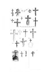 Illustrations of crosses A1-C19 (from Seljalandshellar) and KV (from Kverkarhellir).  : Drawn by Ian G Scott (© Kristján Ahronson).