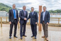 Left-right: Prof Tim Woodman, Head of the School of Sport, Health & Exercise Science; John G Hughes, ӰԺ Vice-Chancellor; Steve Davies MBE, Chief Executive, Surf Snowdonia; Phil Nelson, Business Development Director, Surf Snowdonia.