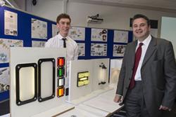 Adam Edwards (left), Product Design student with Huw Lewis AM