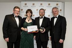 Finalists at Bangor University Impact and Innovation Awards 2015, Keith Spillsbury and Angela Morris of Woolcool with Graham Ormondroyd of Bangor University’s BioComposites Centre and Professor John G Hughes, Vice-Chancellor.