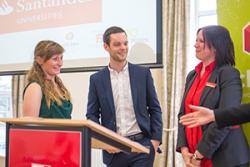 Rhi Willmot and Dan Taylor receiving their Santander Universities Excellence in Enterprise Award from Diane Roberts, University Branch Manager for Santander Universities. 