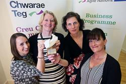 Human Resources staff (from left) Catherine Lees, Nia Meacher and Dr Alison Wiggett with a representative of Employer of the Year Award sponsors, Highgrade Recruitment.: © Chwarae Teg Womenspire Awards 2016 