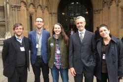 At Westmister from left to right: John Healey, Professor of Forest Sciences, Sam Hollick, MSc Agroforestry; Jemima Letts, BSc Forestry Mat Curtis, MSc Forestry Solange Montero Terry, MSc Forestry.