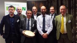 Andrew Mitchell, Natural Building Technologies; Dave Jenkins, Coed Cymru; Dr Adam Chalrton, Biocomposites Centre (BC); Graham Hilton, Alliance for Sustainable Building Products; Gary Newman, Plant Fibre Technology; Dr Robert Elias, BC, Dave Edwell, NRW.