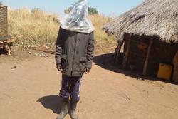 Beekeeper in Kitgum district demonstrates how he dresses up to harvest honey from the beehives: Image credit:Deborah Amulen