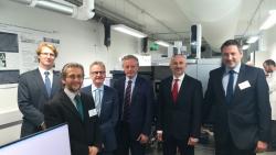 (L-R) Baudewijn Morgan (WEFO), Prof John Healey (School of Natural Sciences), Prof Colin Jago (School of Ocean Sciences), Prof John G Hughes (Vice-Chancellor), Prof Bela Paizs and Prof Peter Golyshin (both CEB Co-Directors)