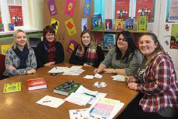 left to right: Tutor Nia Williams (Bangor University) with Cath Newbrook (Ysgol Min y Ddol), Hanna Owen (Ysgol Llanarmon DC), Emma Thomas (Ysgol Croes Atti Glannau Dyfrdwy), Ffion Edwards (Ysgol Croes Atti). 