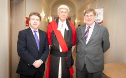 Sir Roderick Evans, former Presiding Judge for Wales (centre), conducted the hearing in Bangor'a Law Fair Moot Court competition. He is pictured with Prof. Dermot Cahill, Head of School (left), and Mr Gwilym Owen, lecturer in Law.