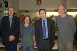 Dr Colin Clubbe, Dr Sopie Williams, Plant Conservation Lecturer;  Prof Oliver Turnbull, Pro Vice-Chancellor, Teaching & Learning and Nigel Brown, Curator of Treborth Botanic Garden at the Launch event.