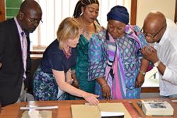 Madame Marie-Louise Kafenge Nanga and members of her delegation at the University's archives