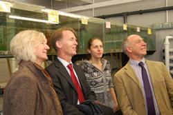 Dr Emyr Roberts and Dr Kathryn Monk Principal Advisor for Science, NRW also visit the freshwater aquarium with Prof Chris Freeman Head of the School of Biological Sciences, with Post Doctoral researcher Alix Tyers.