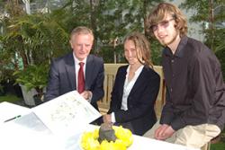 Second year Applied Terrestrial & Marine Ecology student Sam Herniman and lecturer, Sophie Williams, show Vice-Chancellor Prof John Hughes the garden Sam designed as an internship under the 'Bangor Employability Award'. 