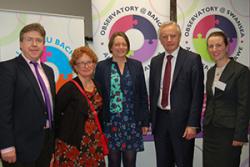 Left-right: Prof Dermot Cahill, Head of the Law School, Prof Jane Williams, Co-Director of Observatory Wales, Prof Sally Holland, the Children's Commissioner for Wales and Dr. Yvonne McDermott Rees of Observatory@Bangor and Bangor Law School at the launch