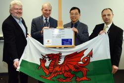 At the Opening were ( left-right) Prof David Thomas, Pro Vice-Chancellor (Research & Impact) Robert Hoyle, Head of Science, Welsh Government, Prof Jianming Tang, Director DSP Centre & Prof Paul Spencer, Dean of the College f Natural Sciences & Engineering