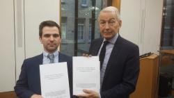 PhD student David Beck, left, with Frank Fields, MP for Birkenhead, at the launch of the latest report by the All Party Parliamentary Group on Hunger