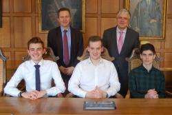 With Prof Oliver Turnbull and Prof Iwan Davies are the three Airbus apprentices: Alexander Jones, Tomas Parry and James Roles