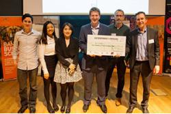 Left to right are winning team members: Adam Reading, Yui Ting Lee, Fangzhi Cao and Jesse Young with their winning checque presented by David Stacey of Zip World, with Prof Oliver Turnbull 