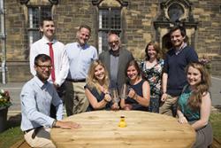 l-r back: Ben Haines, Dr James Intriligator, School of Psychology; Jamie Muir, Chris Walker, Enterprise Support Programme; Eirian James, B-Enterprising. Seated: James Gudgeon,Theresa Schween, Emma-Louise Jones and Maria O Reilly.