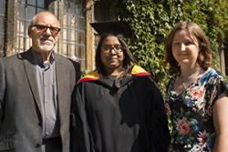 Graduate, Kalaivani Krishnanmurthi  is seen with Chris Walker, from the Enterprise Support Programme and Eirian James of B-Enterprising.