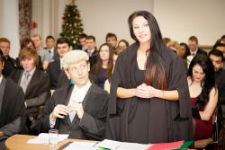 A student presents her case to the court in the Moot Court competition. 