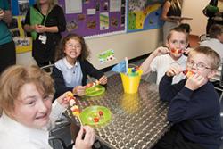 Pupils at Ysgol Tir Morfa enjoying eating healthily.