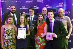 At the Awards ceremony l-r from back row then r-l: Matt Day, Carmen Ria Smith, Conor Savage, Dylan Williams, Rob Samuel, Ifan James, Mair Rowlands, Rebecca Kent, Helen Marchant.