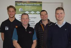 Eduardo Bellomo (Myfyriwr ATM), Matthew Wharton (The Golf Performance Studio), Dr James Hardy (SSHES), Dr Andy Cooke (SSHES).