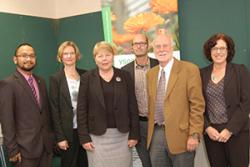 Ath the school, Baroness Randerson met (l-r) research student Norman Marzukhi, Katherine Steele, David Syles, John Witcombe and Morag McDonald.