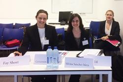 Law students, Fay Short, Silvina Sanchez Mera and Laura Jager (at rear) preparing to compete at the ICC Moot in The Hague.