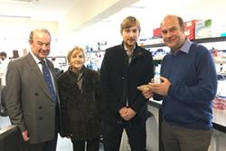 l-r: Nigel Lanceley, Charir NWCRF; Joan Davies, Chair  of the Charity's Holywell branch; Lord Mostyn, the Patron and Dr Edgar Hartsuiker during a tour of the cancer research labs at Bangor University.