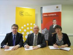 L-R: Head of School Prof. Dermot Cahill, author Keith Bush, and Project Manager Carys Aaron sign the contracts on 1 April 2014.