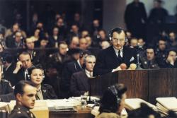 Robert Jackson speaks at the Nuremberg trials in 1945.:  Raymond D'Addario/Wikipedia