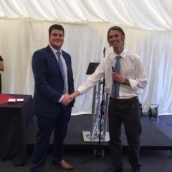 James Walmsley (right), course director for BSc Conservation and Forest Ecosystems, congratulates Robert Turner on his award.