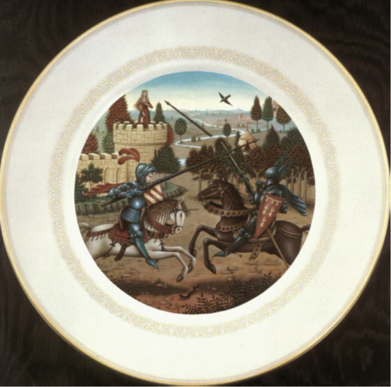 A depiction of the struggle of Good and Evil between Lancelot and evil knight Meleagant, who has abducted Queen Guinevere