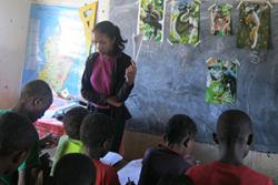 Children in eastern Madagascar learn about lemurs in a school project.