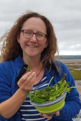  Yr Ymchwilydd, Liz Morris-Webb, ar ôl bod yn casglu ychydig o blanhigion blasus iawn,  yn cynnwys gwydrlys ac eurllys penfelyn, ar hyd y glannau. 