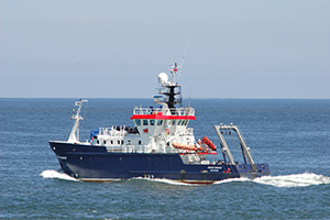 Bangor University’s research vessel the RV Prince Madog at sea undertaking marine renewables research for the SEACAMS2 project