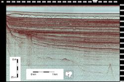 A seismic cross-section of the lake sediment. The layers of different deposits create echoes so that the image is almost like a geological cross-section. They hold the clues that allowed the reseachers to ascertain the past environments.
