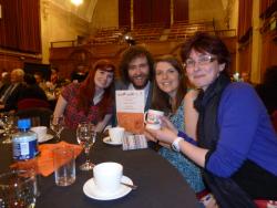 Hannah Pickering, Daniel Herbert and Harriet Weller with Mari Wiliam and the Teacher of the Year award.