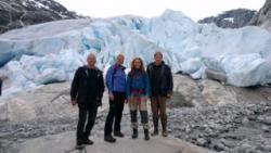Some of the team, in front of Nigardsbreen (from left, Peter, myself, Rannveig, Svein Olaf).  ©Dr Lynda Yorke