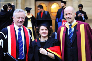 Polina Cowley , photographed with Vice Chancellor Professor John G Hughes and Prof  John Goddard after her graduation.