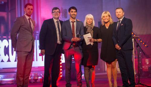 Receiving the award on behalf of RCT Homes, with Nia Parry, S4C TV presenter: Daniel Keenan, Andrew Bradley, Robin Roberts, Liz Aitken, (Nia Parry), and Wayne Hughes