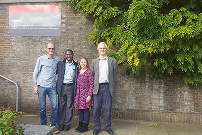 Dr Mark Rayment (lecturer in forestry), Wisdom Nyondoh (Marshal Papworth Fund scholar), Sandra Lauridsen (Marshal Papworth co-ordinator), and Dr Rob Brook (senior lecturer in agriculture and rural development). October 2017 © Genevieve Agaba.