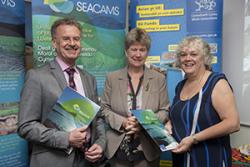 SEACAMS Co-Director, Prof Colin Jago, Finance Minister Jane Hutt and SEACAMS Co-Director, Dr Gay Mitchelson-Jacob at a recent SEACAMS event in Cardiff.